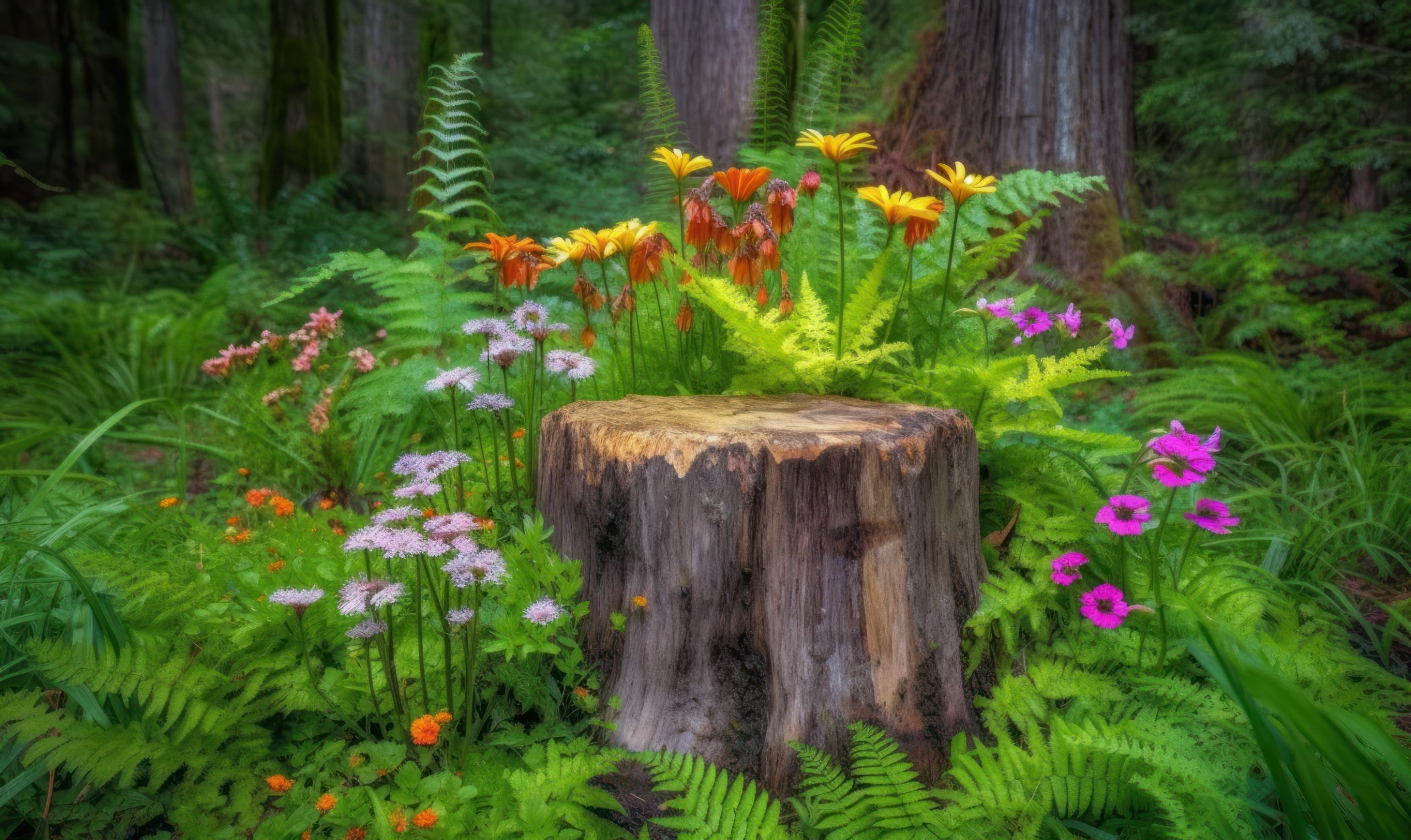 flowers and ferns around tree stump
