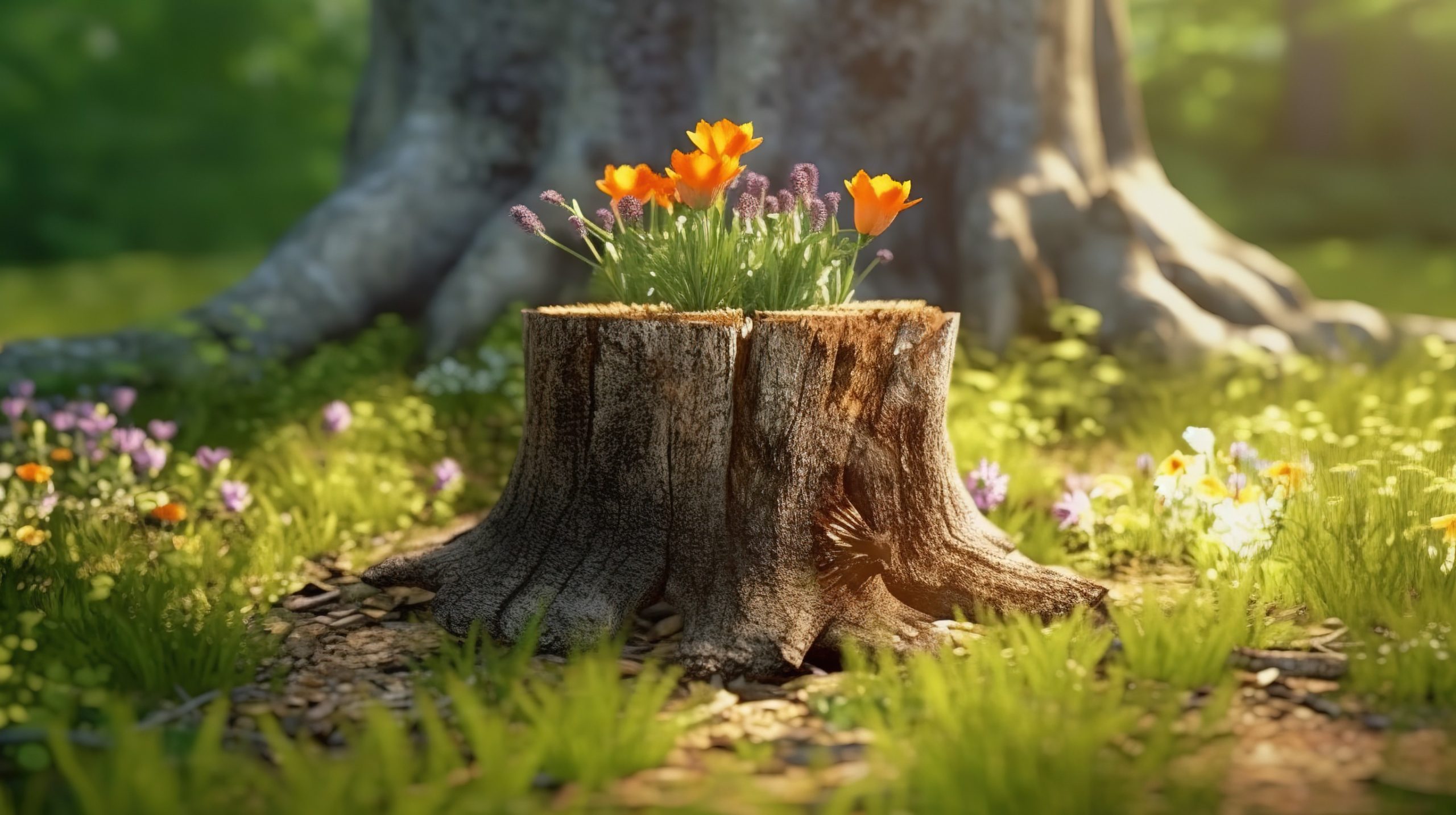 flowers growing out of tree stump